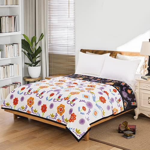 Native Collection Southwest Design (Native Floral) Silk Touch Twin Size Reversible Super Soft Blanket (White)
