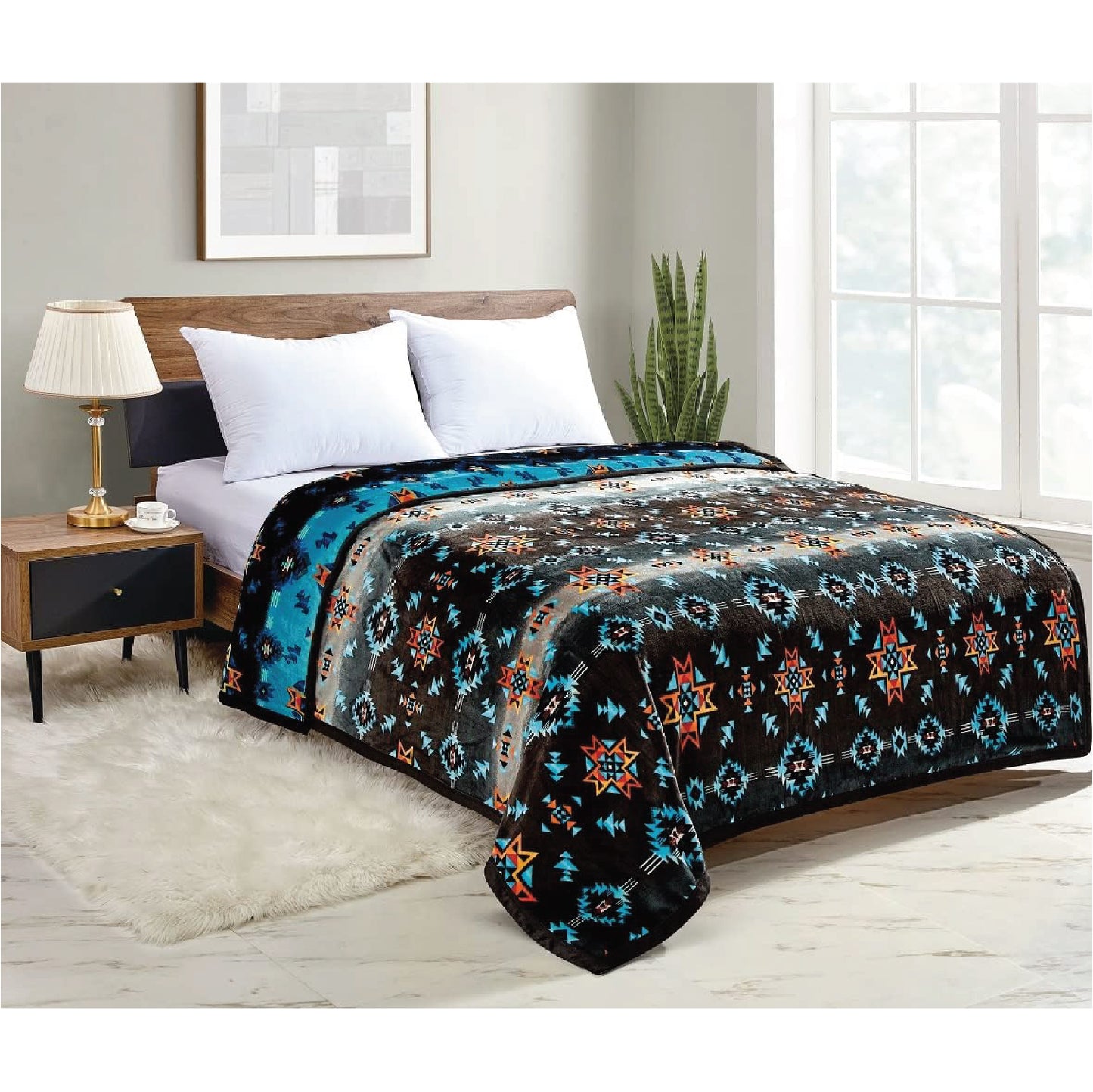 Native Collection Southwest Design (Starburst Print) Silk Touch Reversible Blanket Super Soft Ultra Comfort Plush Microfiber (Black, Queen (U.S. Standard))