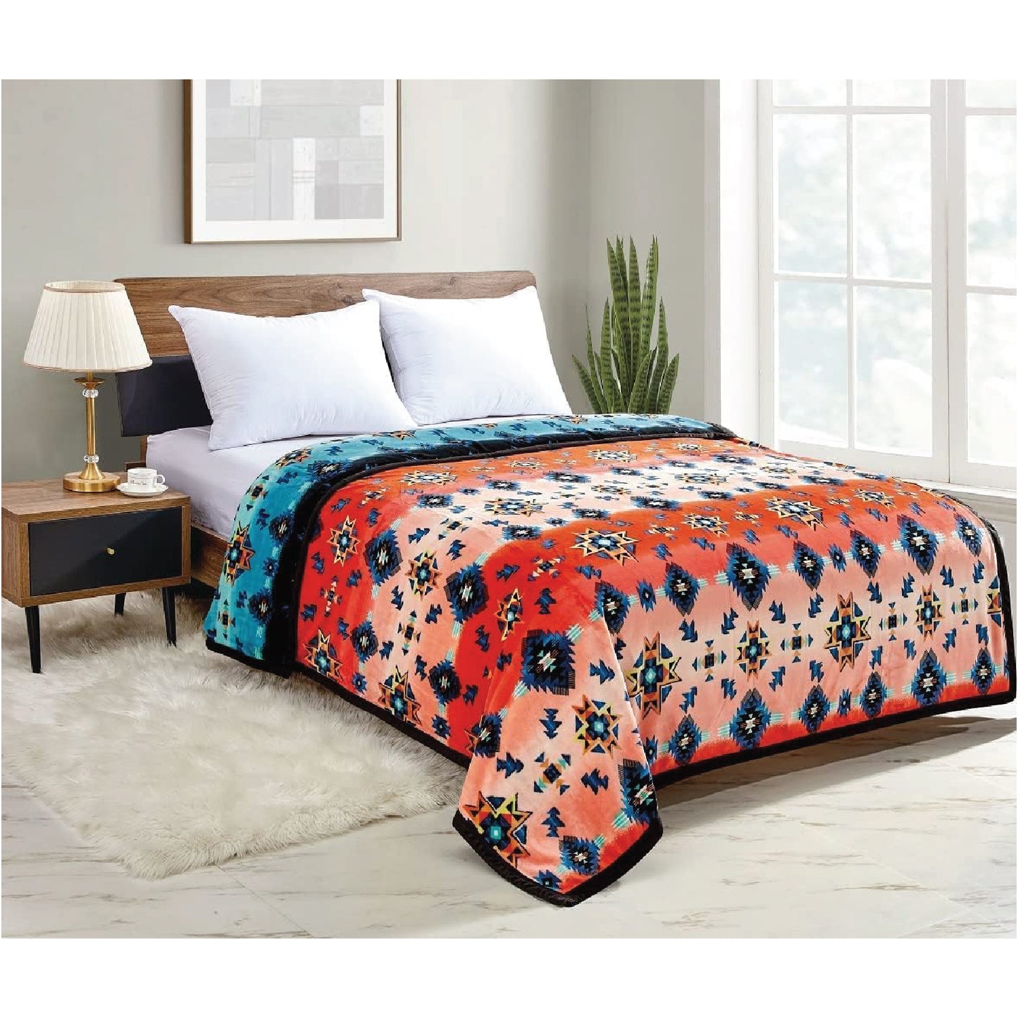 Native Collection Southwest Design (Starburst Print) Silk Touch Reversible Blanket Super Soft Ultra Comfort Plush Microfiber (Red, Queen (U.S. Standard))