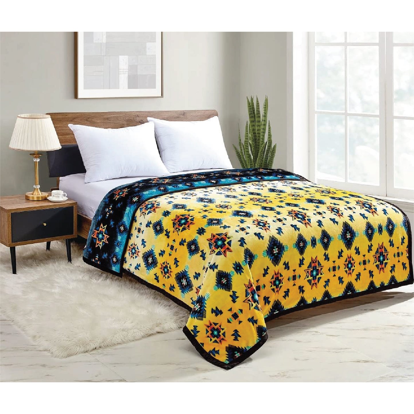 Native Collection Southwest Design (Starburst Print) Silk Touch Reversible Blanket Super Soft Ultra Comfort Plush Microfiber (Yellow, Queen (U.S. Standard))