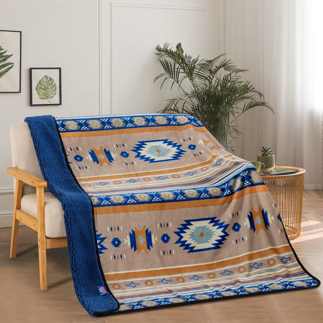 Sherpa Fleece Throw Blanket 50"x60" Southwest Navajo Print Blue