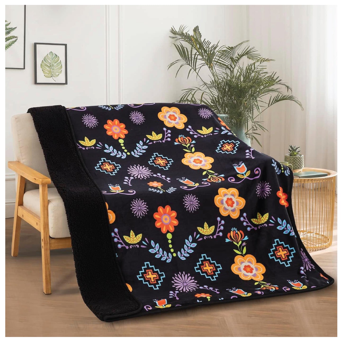 Sherpa Fleece Throw Blanket 50"x60" Native Floral Design Southwest Navajo Print Black