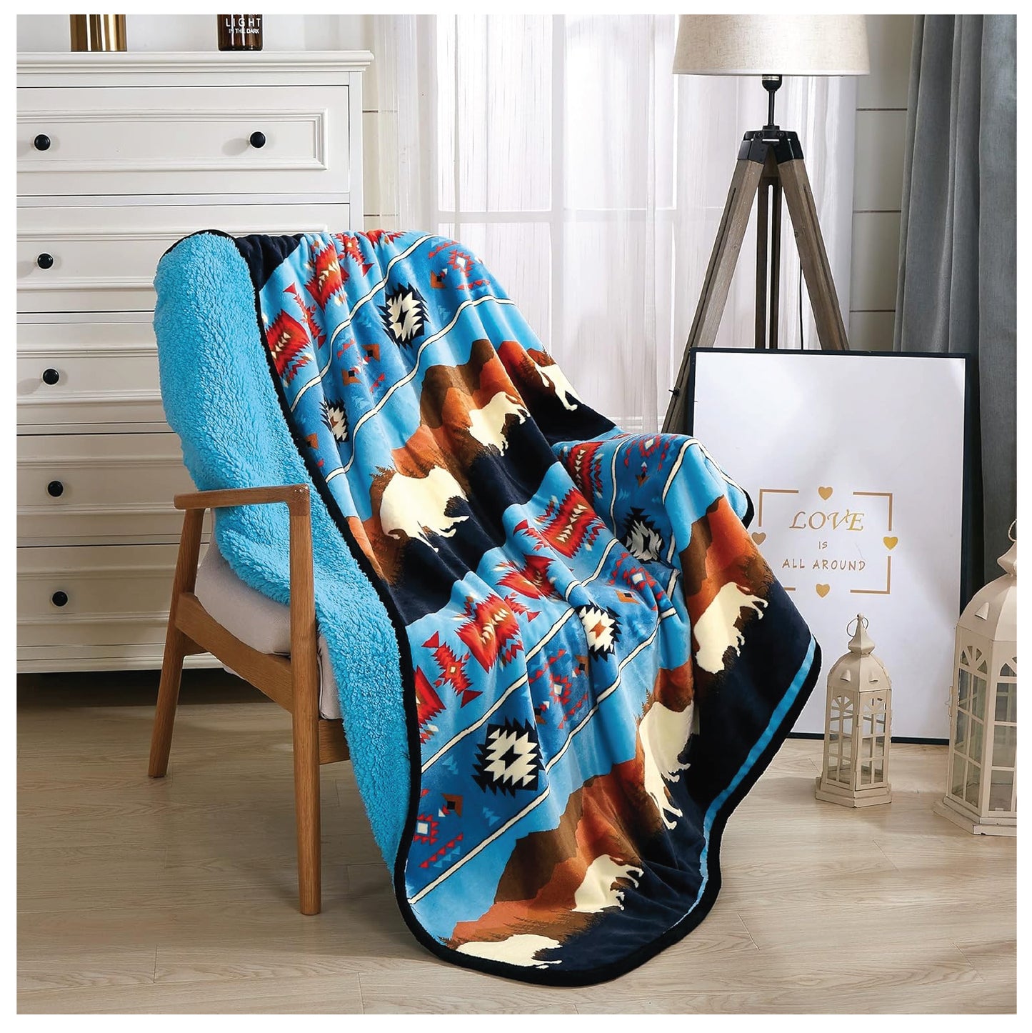 NU TRENDZ Sherpa Fleece Throw Blanket for Couch, Double-Sided Cozy Plush Blanket Throw 50"x60" (Rustic Bison) (Turquoise)