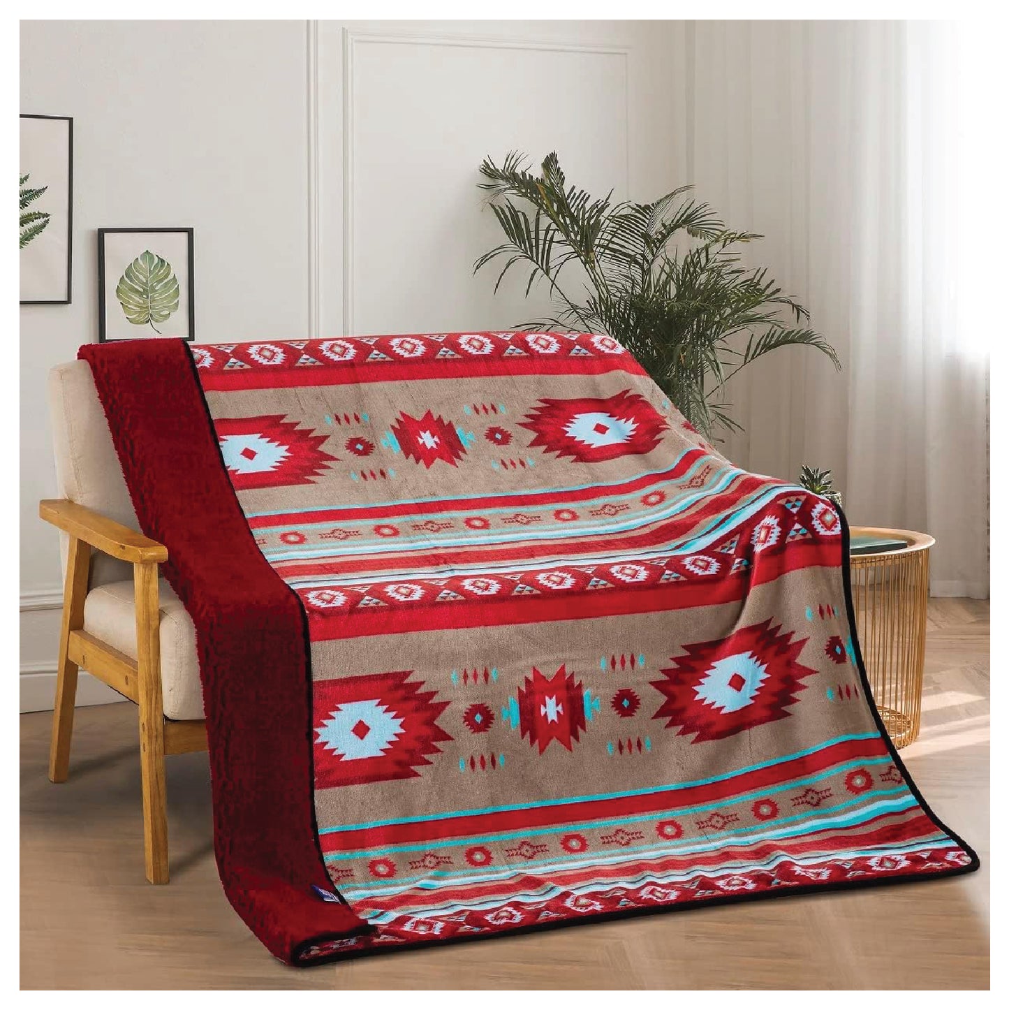 Sherpa Fleece Throw Blanket 50"x60" Southwest Navajo Print Burgundy com