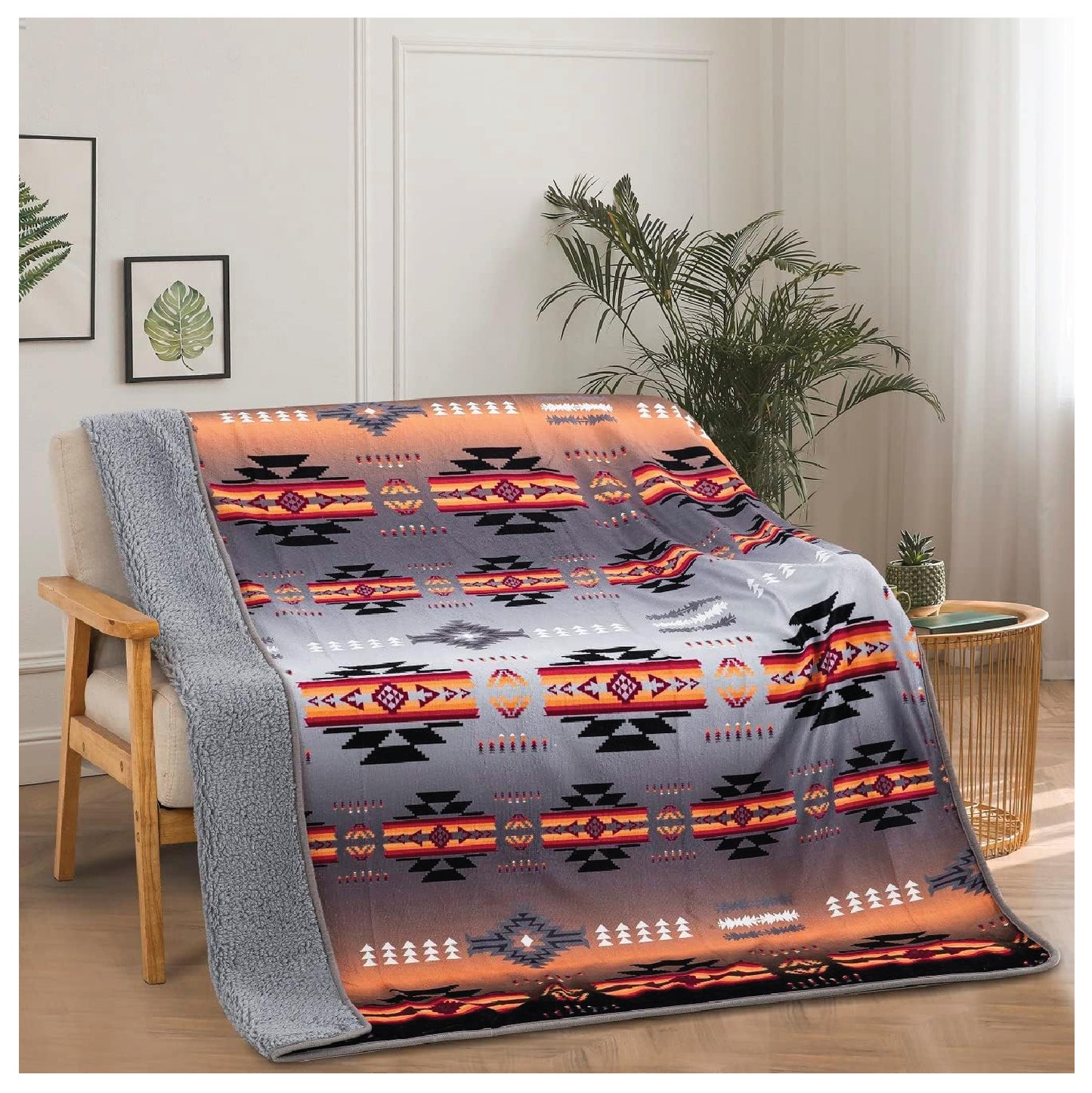 Sherpa Fleece Throw Blanket 50"x60" Southwest Navajo Print Orange Fog