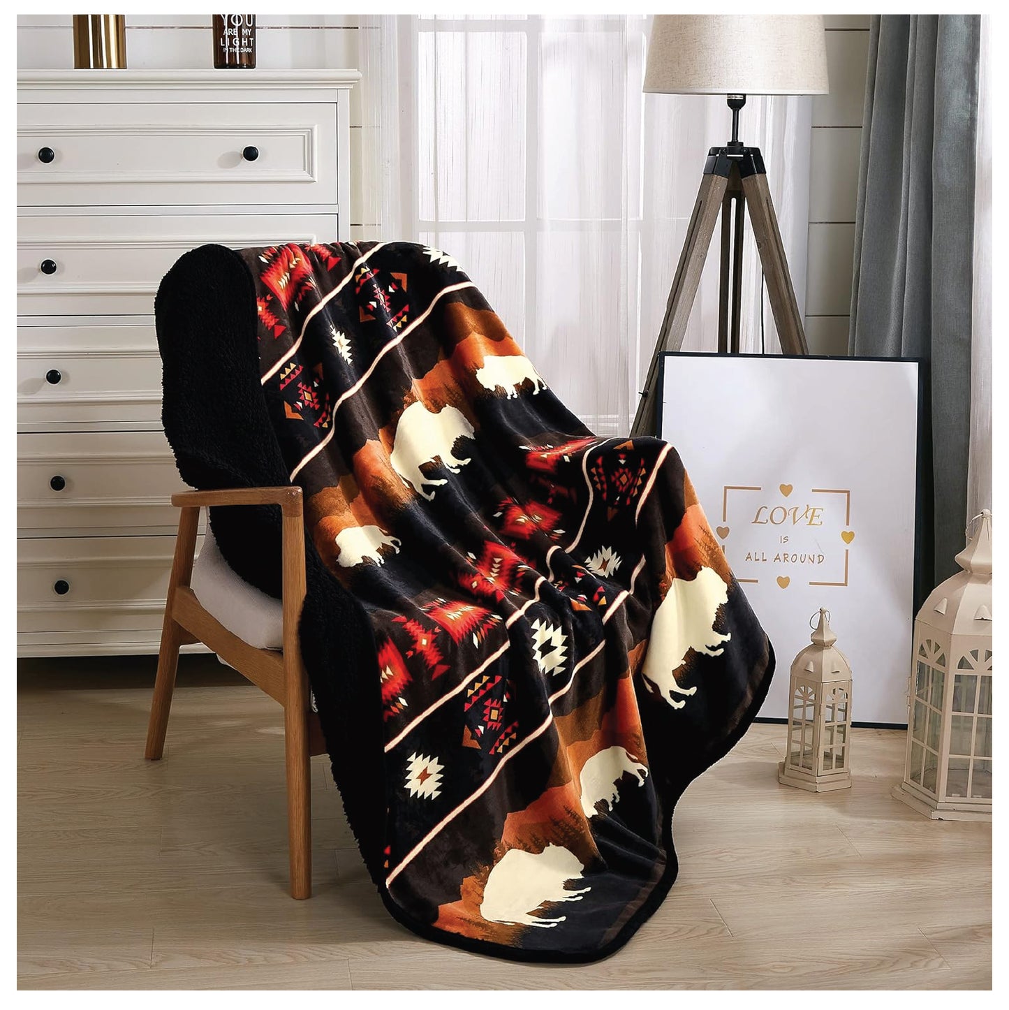 Sherpa Fleece Throw Blanket for Couch, Double-Sided Cozy Plush Blanket Throw 50"x60"(Rustic Bison)(Southwest Navajo Print) (Black)