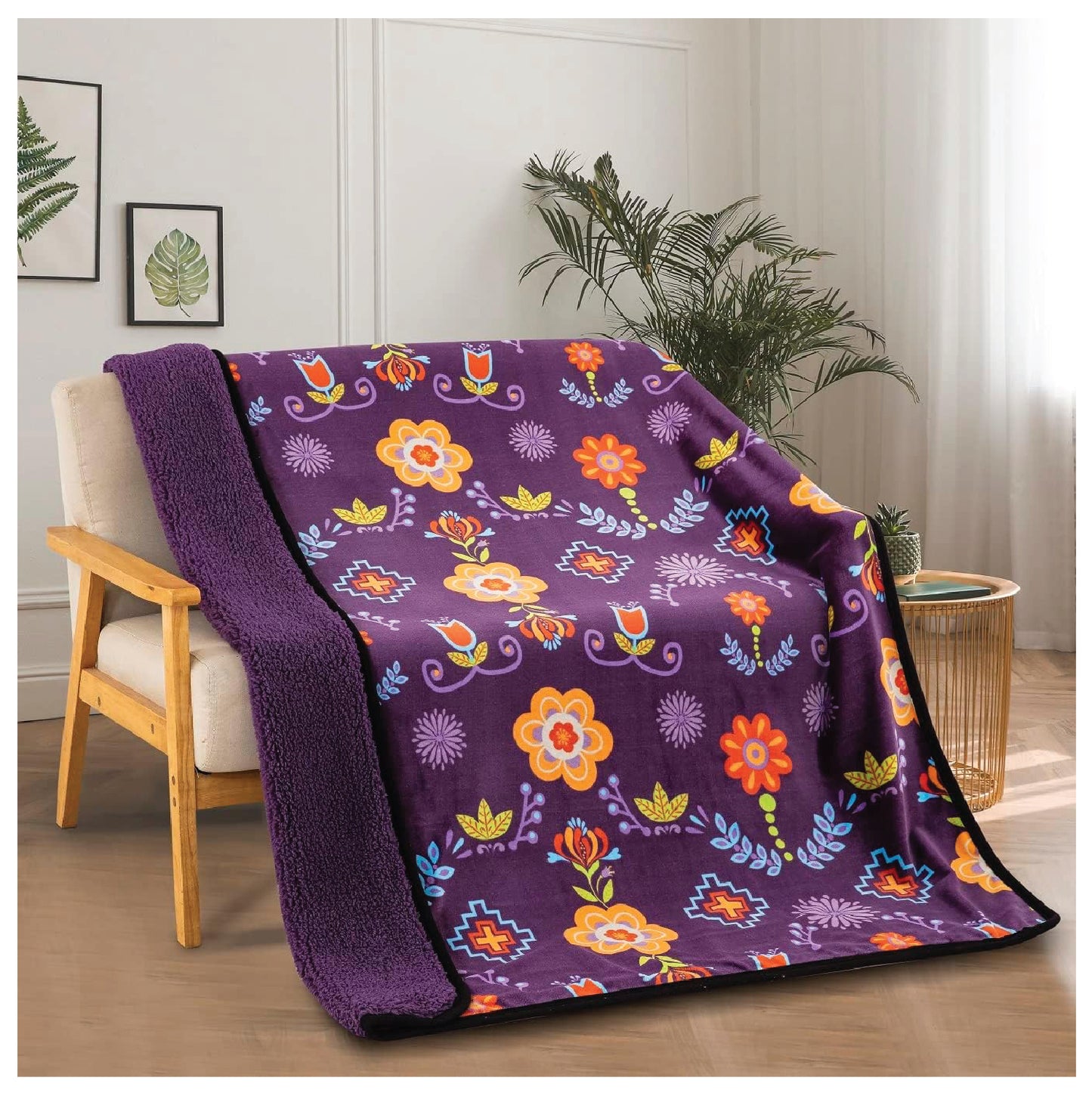 Sherpa Fleece Throw Blanket for Couch, Super Fuzzy Soft Double-Sided Cozy Plush Blanket Throw 50"x60" (Native Floral Design) (Southwest Navajo Print) (Purple)
