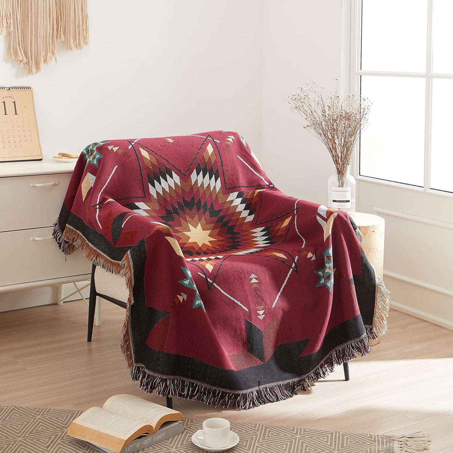 Signature Southwest Throw Blanket Cotton Woven Southwestern Navajo 50x60 Burgundy Star