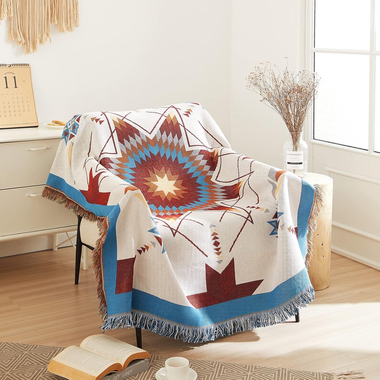 Signature Southwest Throw Blanket Cotton Woven Southwestern Navajo 50x60 White Star