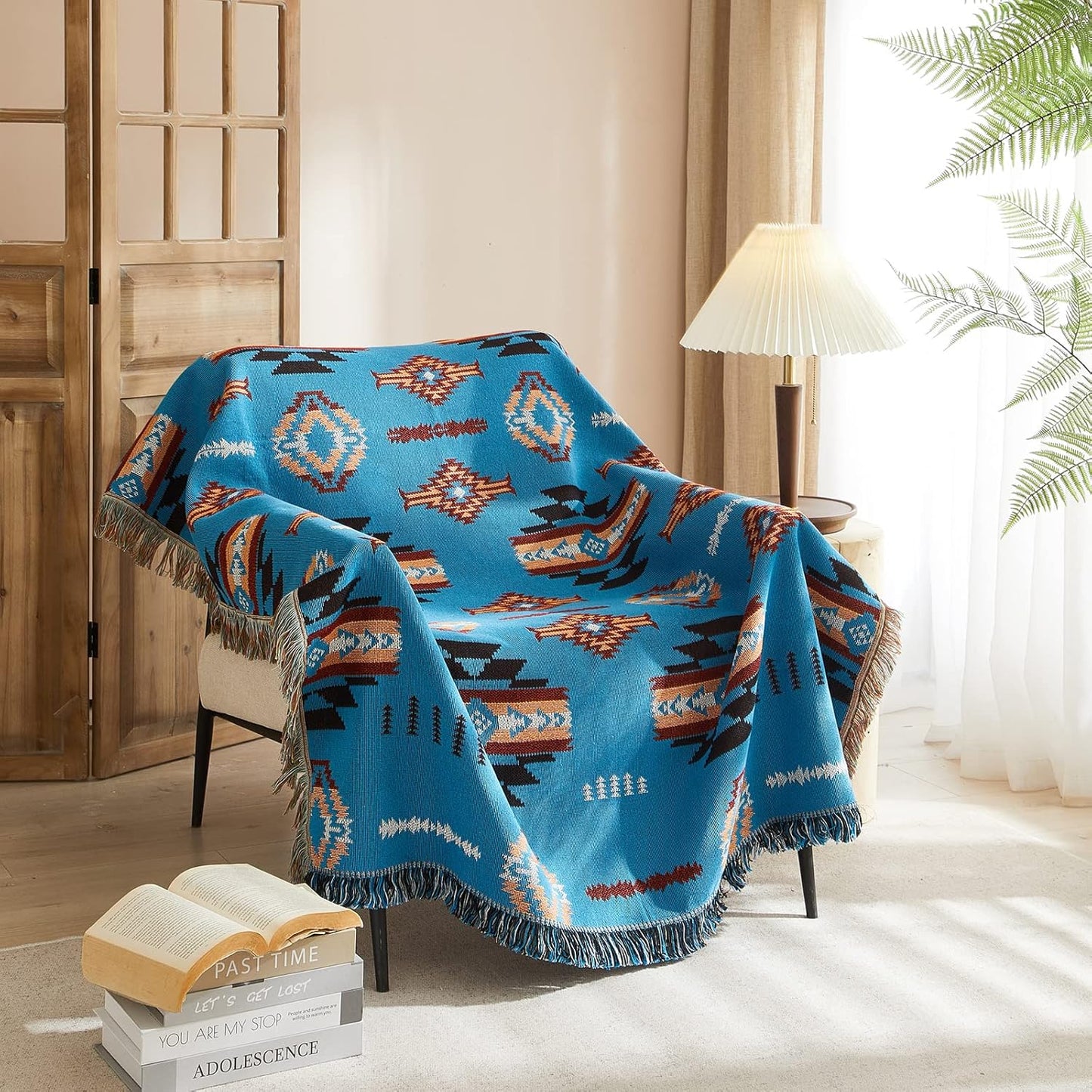 Signature Southwest Throw Blanket Cotton Woven Southwestern Navajo 50x60 Blue