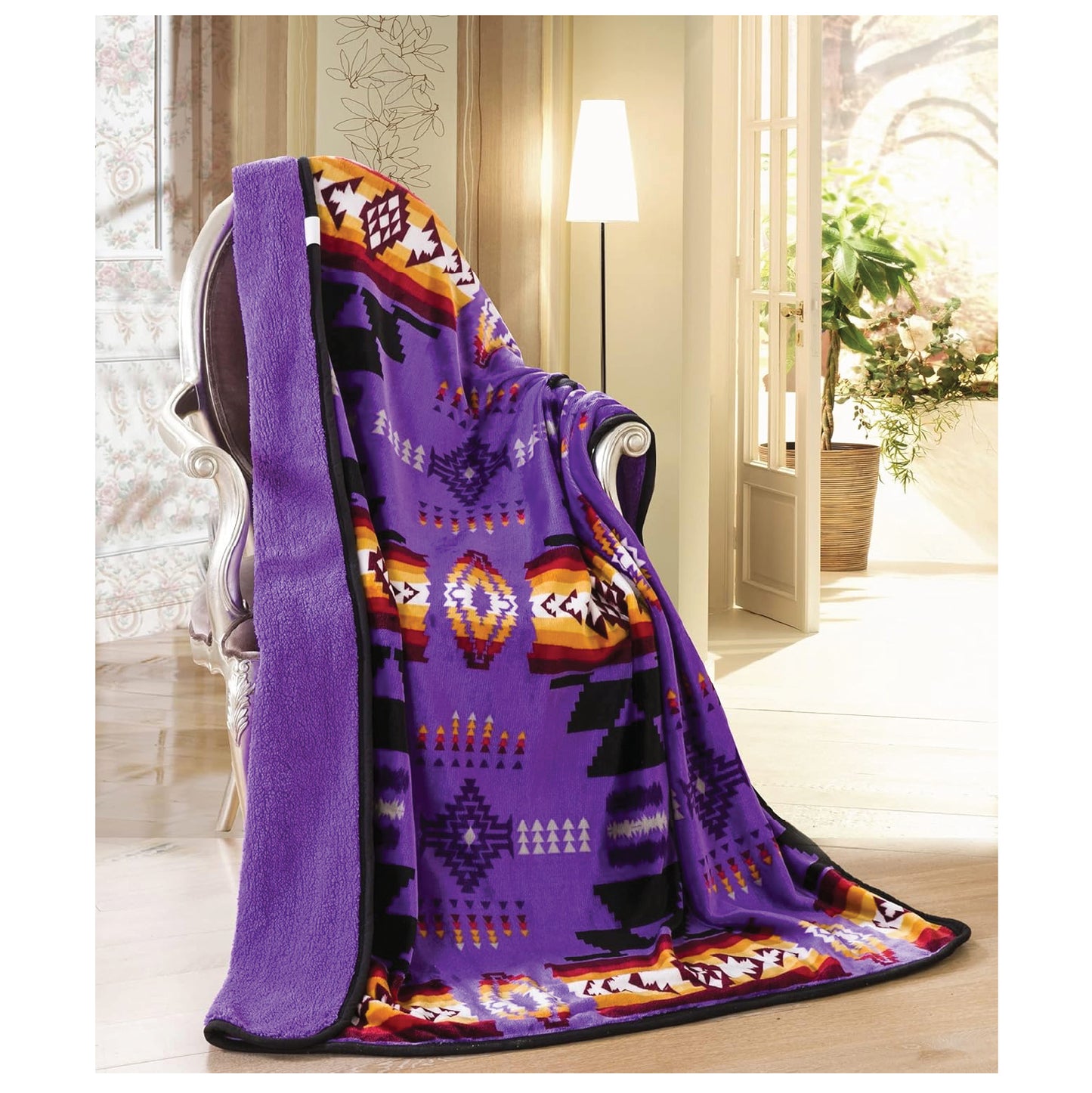 Southwest Design (Navajo Print) Sherpa Lined Throw 16112 Purple