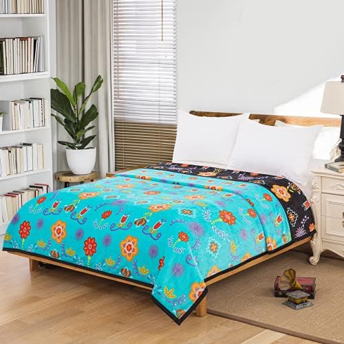 Native Collection Southwest Design (Native Floral) Silk Touch Twin Size Reversible Super Soft Blanket (Turquoise )