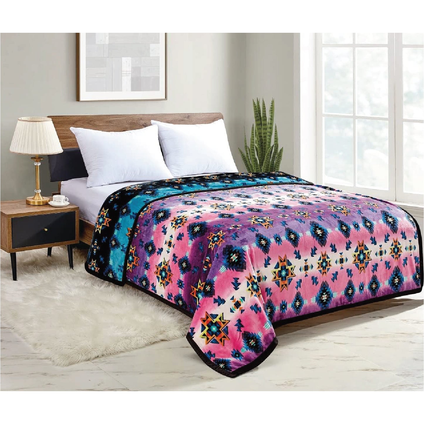 Native Collection Southwest Design (Starburst Print) Silk Touch Reversible Blanket Super Soft Ultra Comfort Plush Microfiber (Purple, Queen (U.S. Standard))