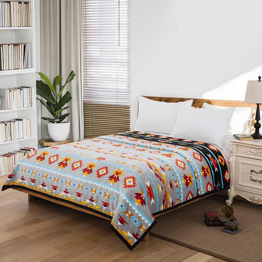 Native Collection Southwest Design 7 Lakes Silk Touch Plush Blanket Twin Size Grey