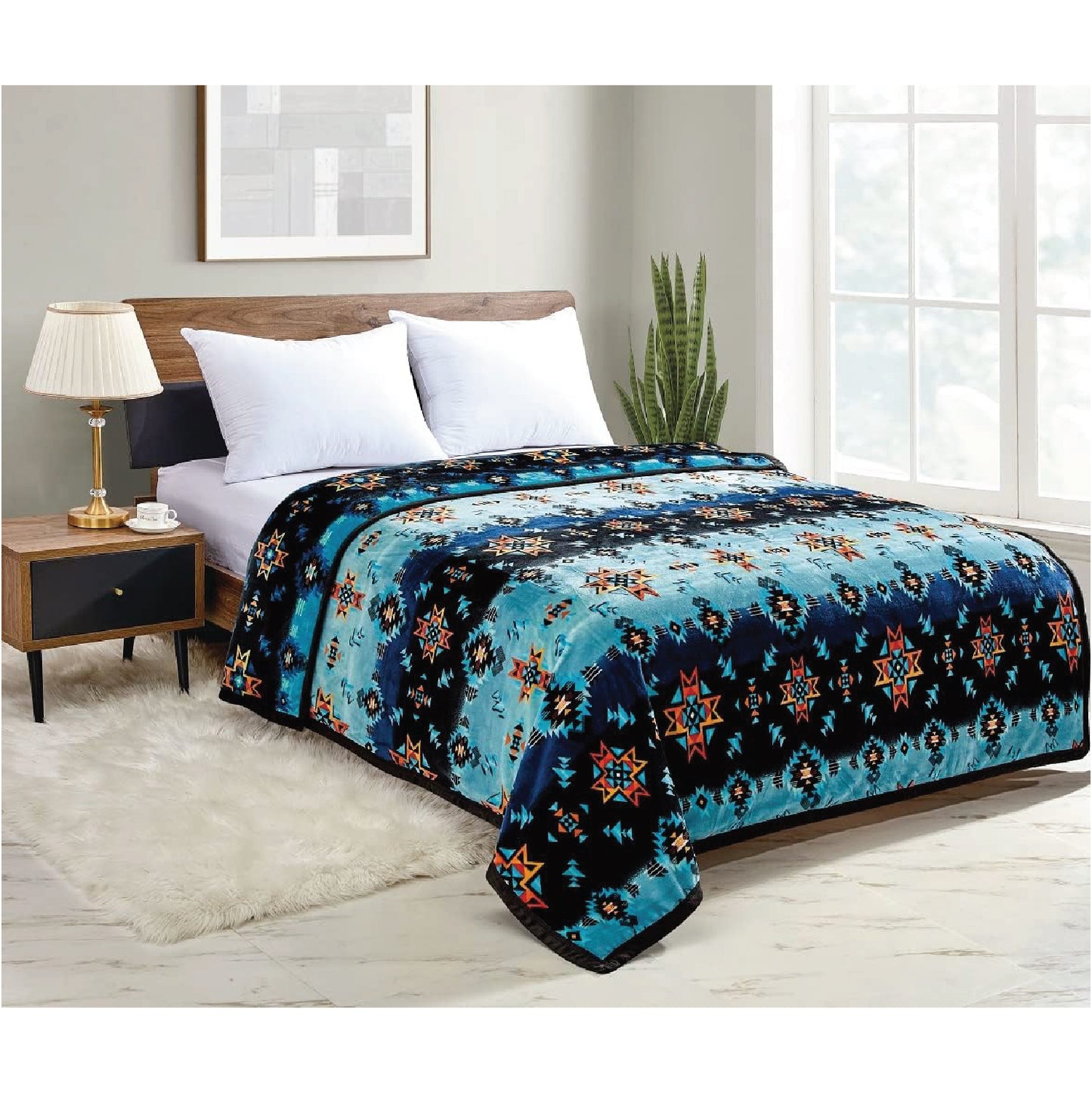 Native Collection Southwest Design (Starburst Print) Silk Touch Reversible Blanket Super Soft Ultra Comfort Plush Microfiber (Navy, Queen (U.S. Standard))