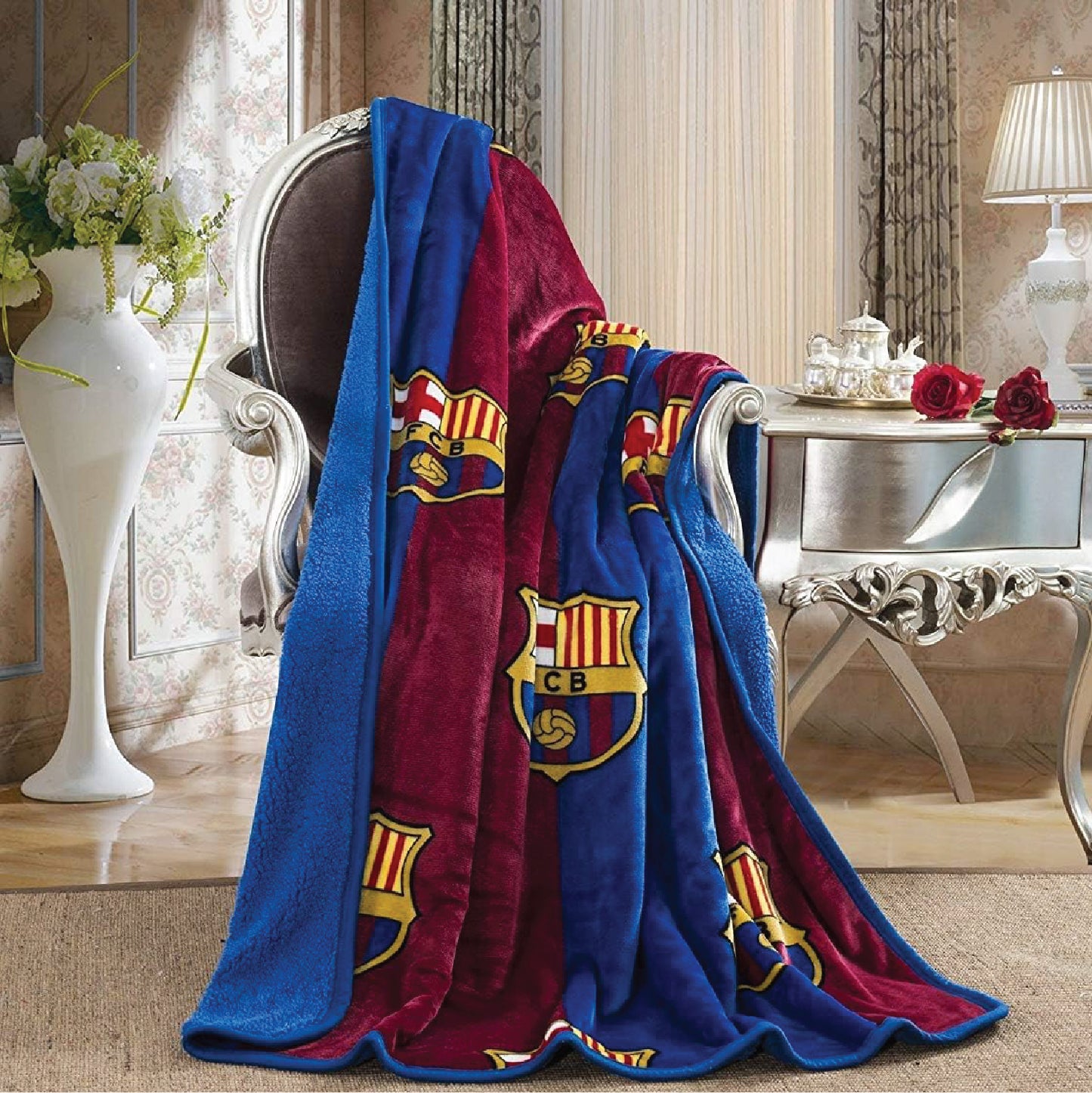 FC Barcelona 2 Ply (Supersoft Fleece) Thick Throw Blanket With Sherpa Lining 50x60