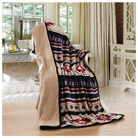 Nu Trendz Signature Southwest Design Sherpa Lined Throw Blanket 50"x 60" (Blue_Beige)