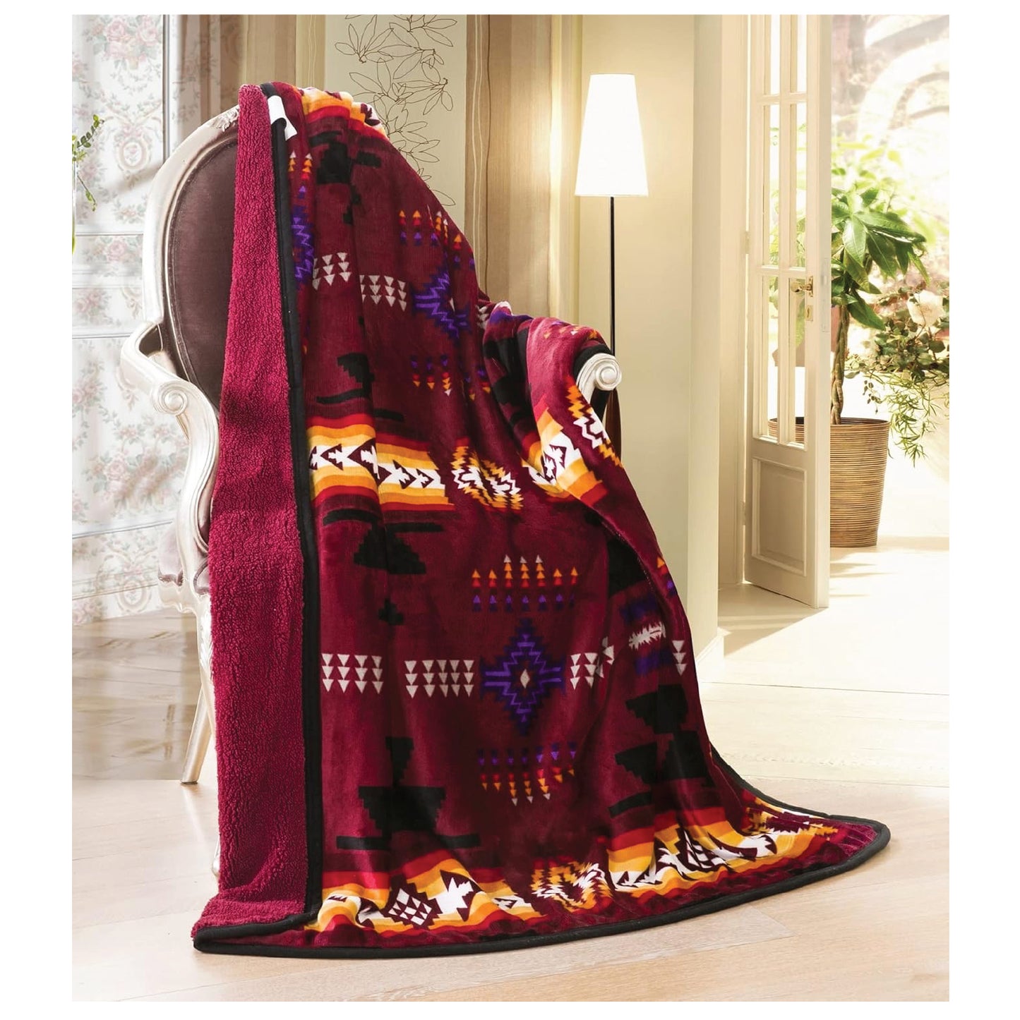 Nu Trendz Signature Southwest Design (Navajo Print) Sherpa Lined Throw 16112 Burgundy