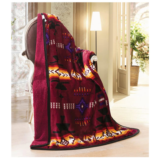 Nu Trendz Signature Southwest Design (Navajo Print) Sherpa Lined Throw 16112 Burgundy