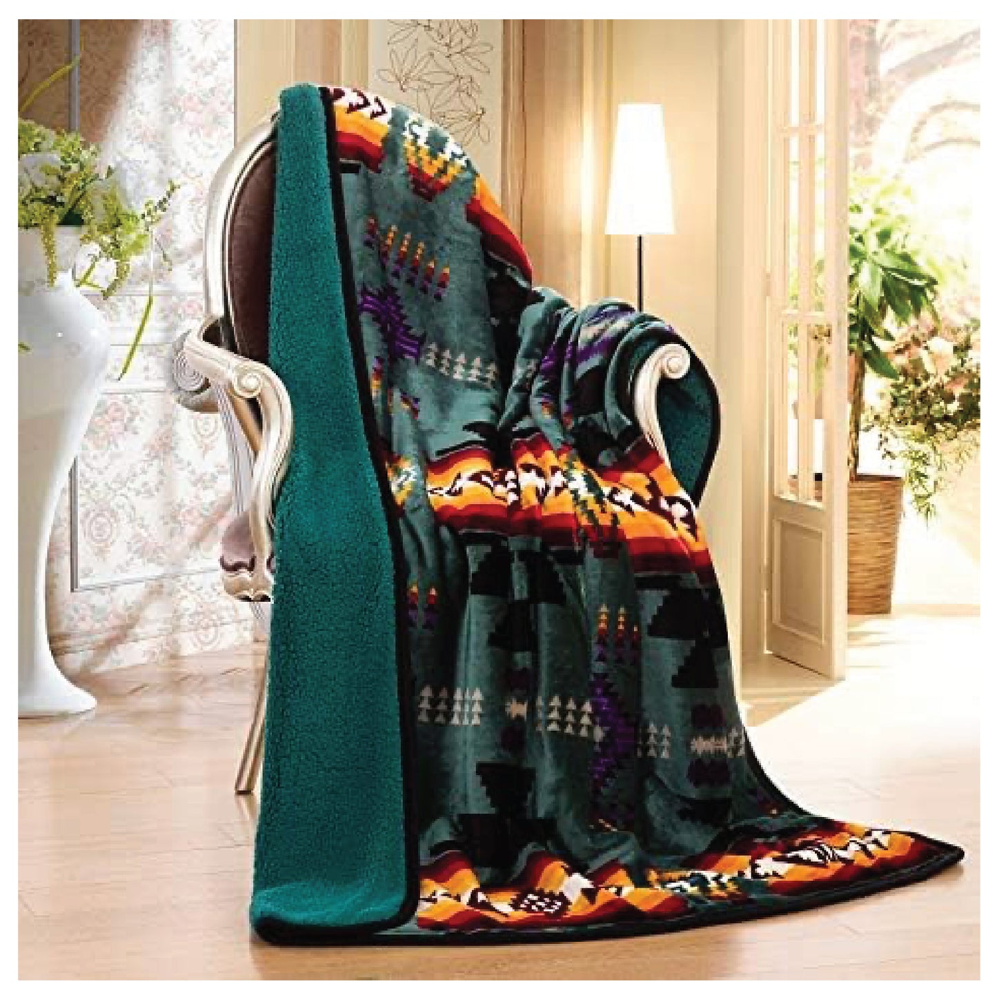 Nu Trendz Signature Southwest Design (Navajo Print) Sherpa Lined Throw 16112 Dark Teal Green