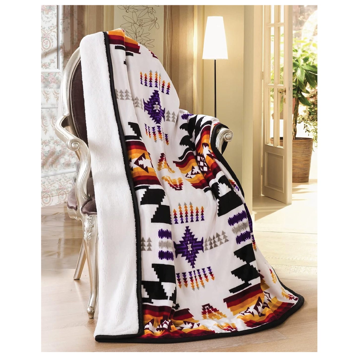 Nu Trendz Signature Southwest Design (Navajo Print) Sherpa Lined Throw 16112 White