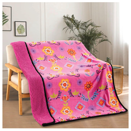 Sherpa Fleece Throw Blanket 50"x60" Native Floral Design Southwest Navajo Print Pink