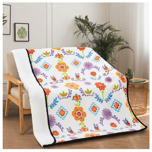 Sherpa Fleece Throw Blanket 50"x60" Native Floral Design Southwest Navajo Print White