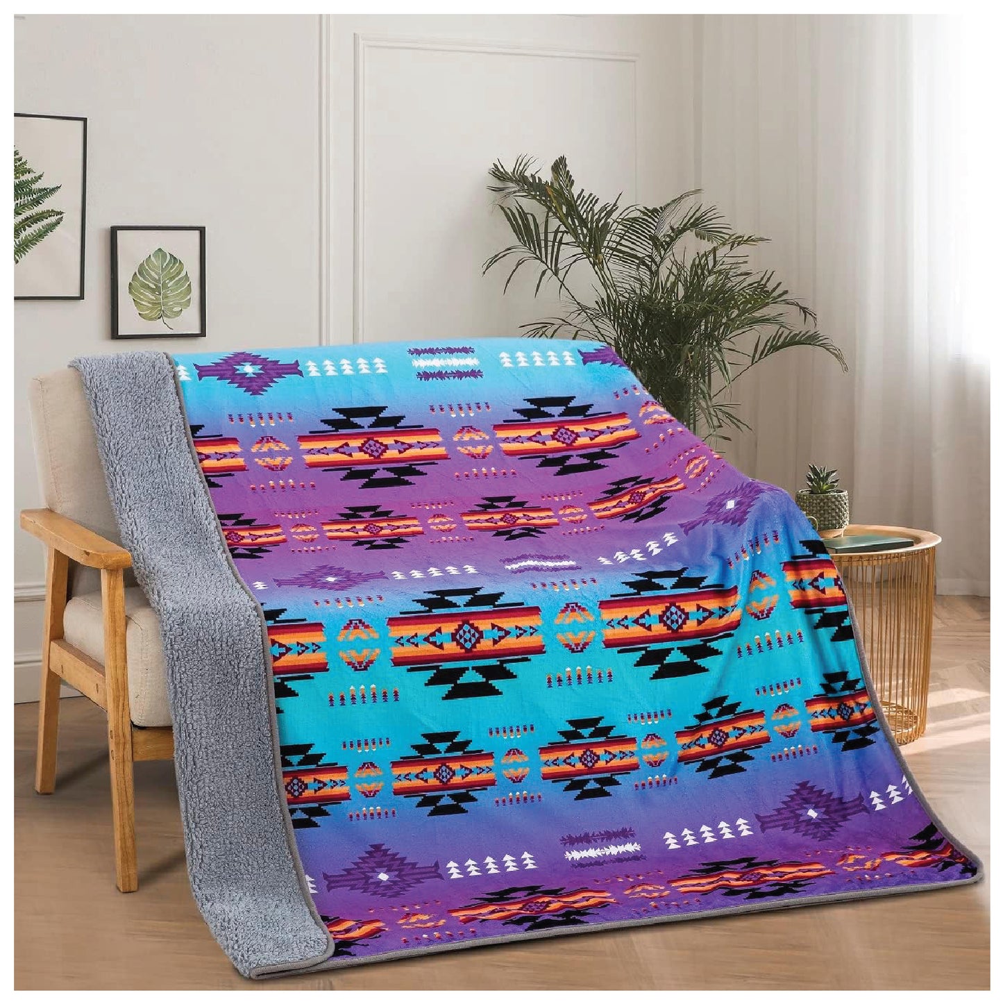 Sherpa Fleece Throw Blanket 50"x60" Southwest Navajo Print Purple Mint