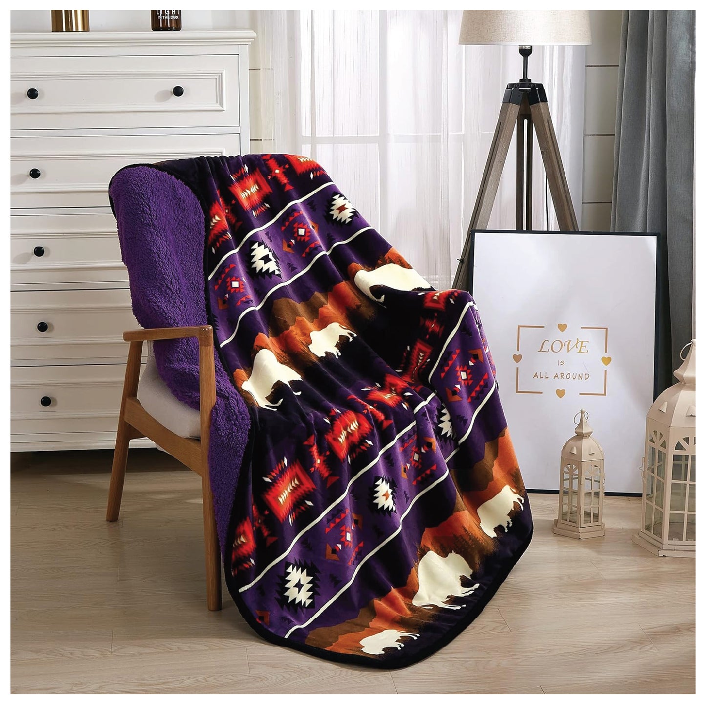 Sherpa Fleece Throw Blanket for Couch, Double-Sided Cozy Plush Blanket Throw 50"x60"(Rustic Bison) (Southwest Navajo Print) (Purple)