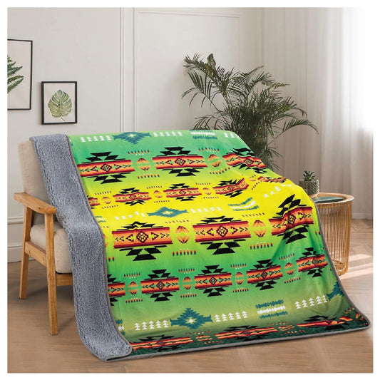 Sherpa Fleece Throw Blanket 50"x60" Southwest Navajo Print Green Lizard