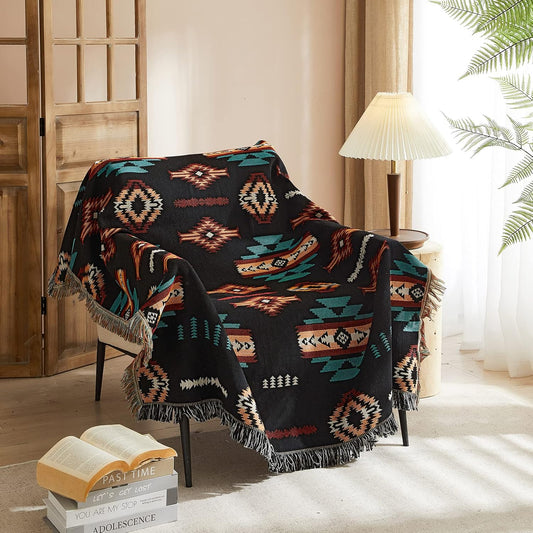 Signature Southwest Throw Blanket Cotton Woven Southwestern Navajo 50x60 Black