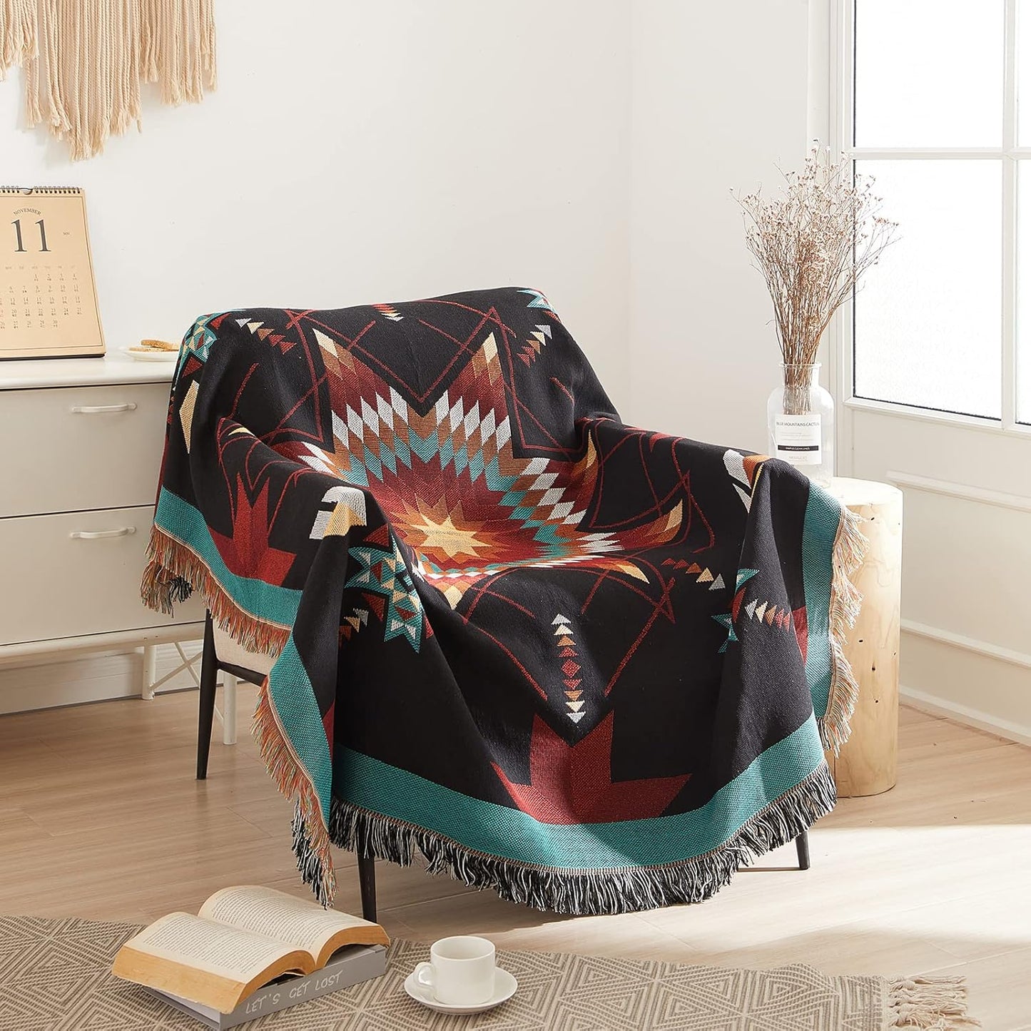 Signature Southwest Throw Blanket Cotton Woven Southwestern Navajo 50x60 Black Star