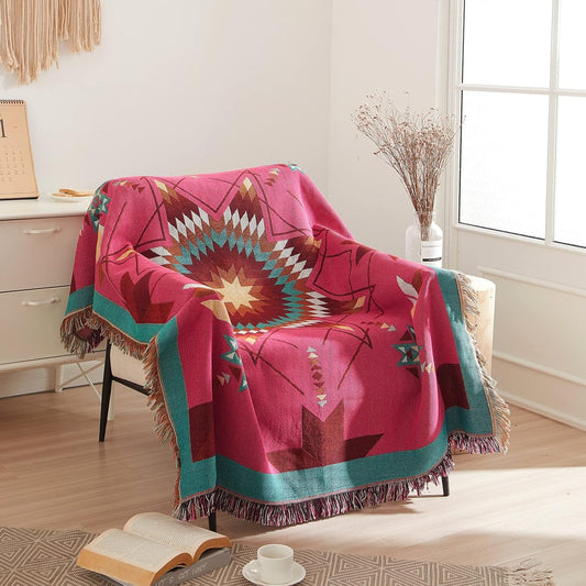 Signature Southwest Throw Blanket Cotton Woven Southwestern Navajo 50x60 Pink Star