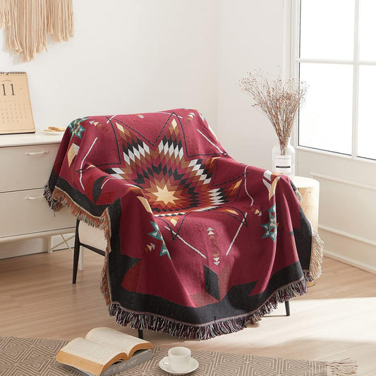 Signature Southwest Throw Blanket Cotton Woven Southwestern Navajo 50x60 Burgundy Star