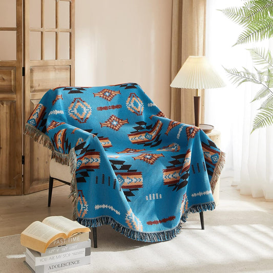 Signature Southwest Throw Blanket Cotton Woven Southwestern Navajo 50x60 Blue