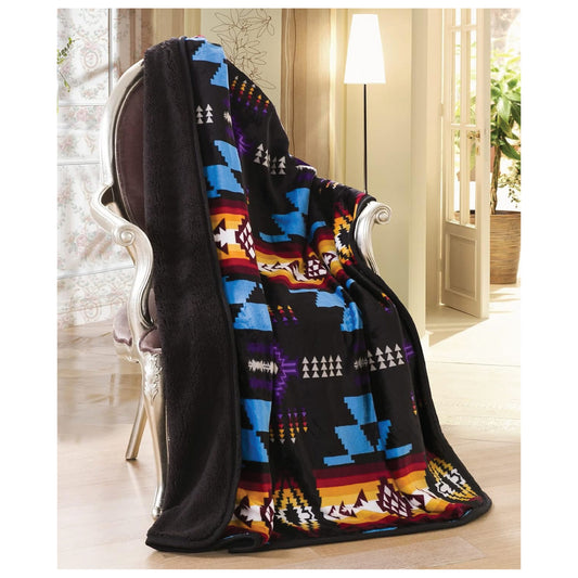 Southwest Design (Navajo Print) Sherpa Lined Throw 16112 Black