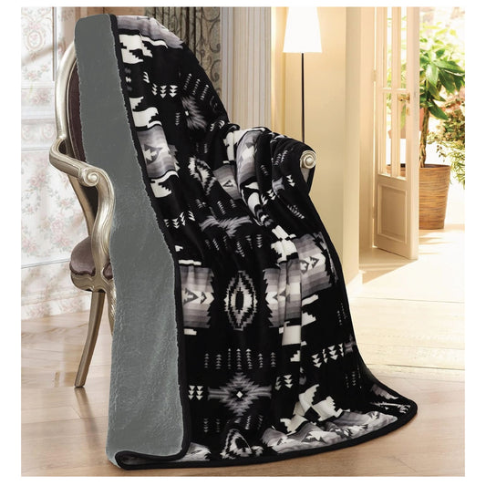 Southwest Design (Navajo Print) Sherpa Lined Throw 16112 Black_Grey Color