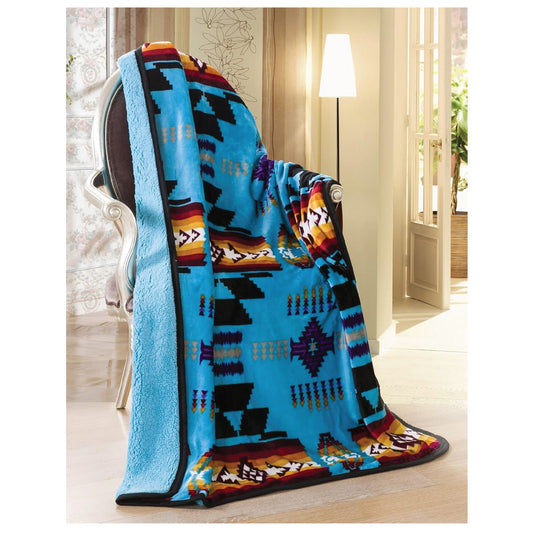 Southwest Design (Navajo Print) Sherpa Lined Throw 16112 Blue