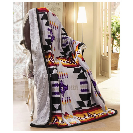 Southwest Design (Navajo Print) Sherpa Lined Throw 16112 Grey